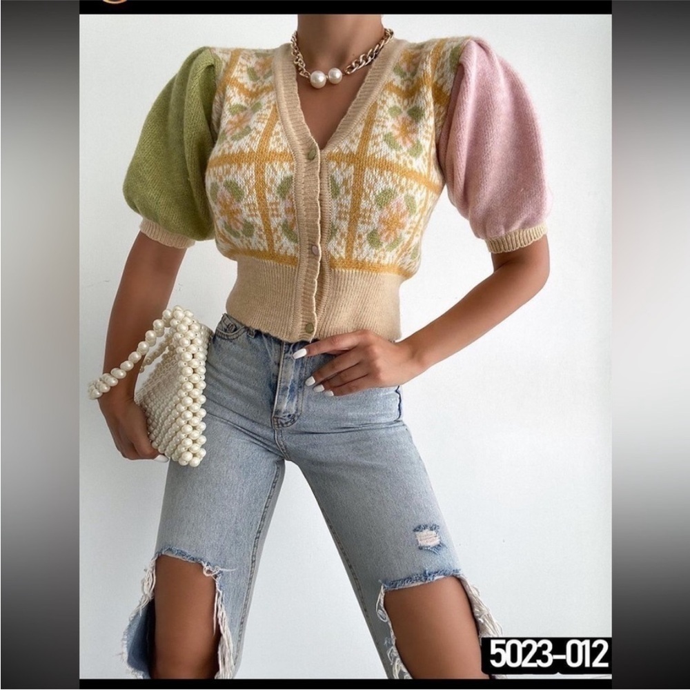 Colorful Knit Puff Sleeve Cardigan